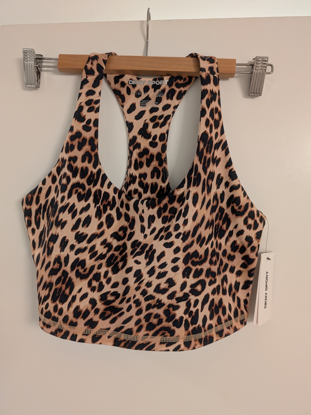 DKNY Sport Leopard Print Long-line Racerback Sports Bra, Black & Tan, Sz M Nwt